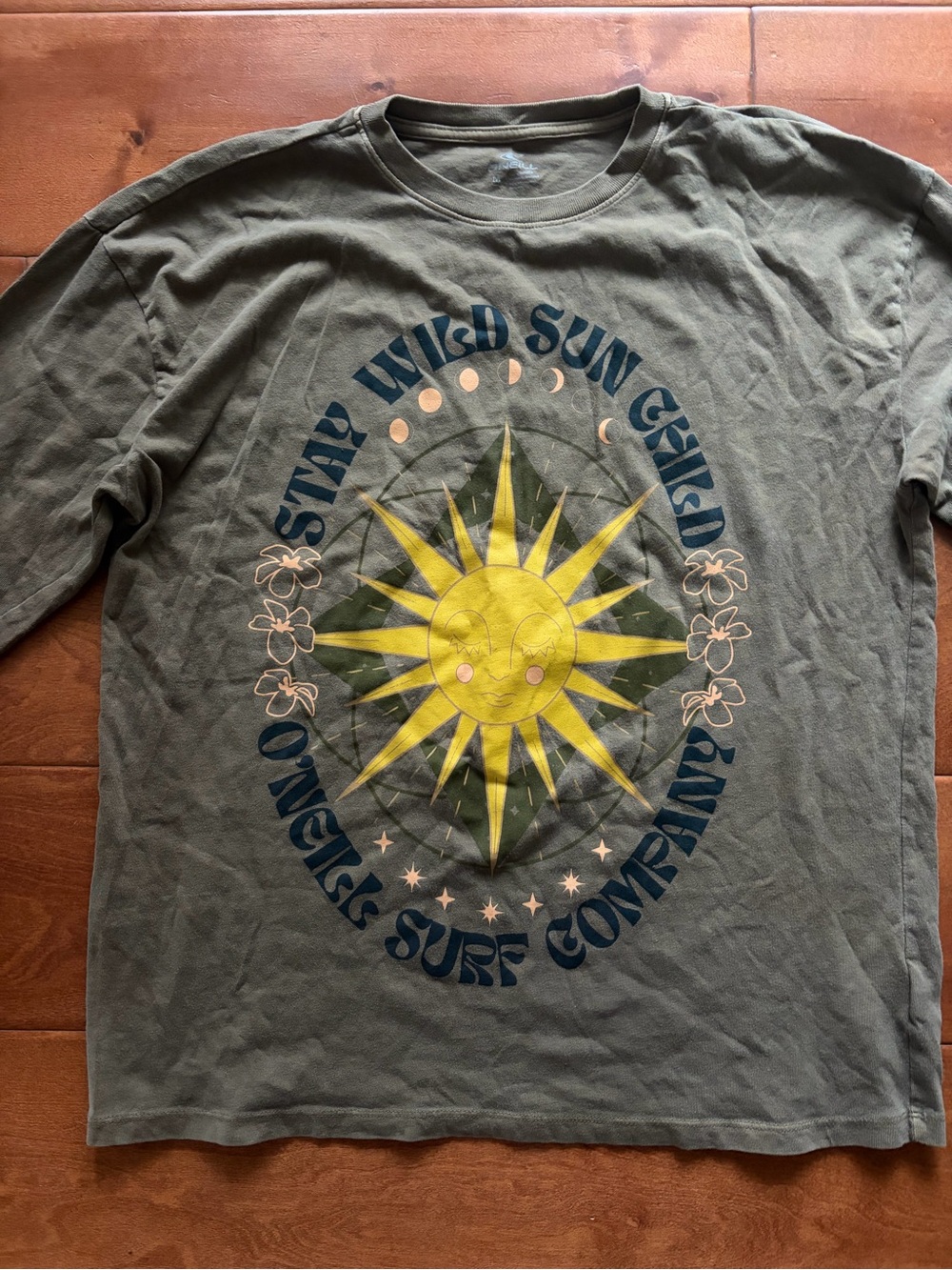 O'Neill Olive Green Long Sleeve Tee with Yellow Sun Graphic - Picture 2 of 4